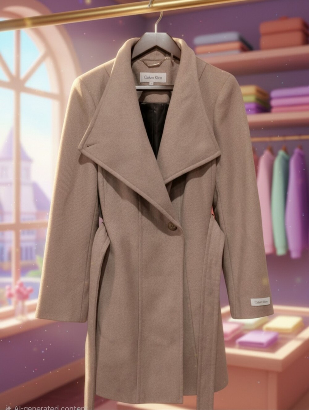 Calvin Klein Taupe Belted Wool-Blend Trench Coat